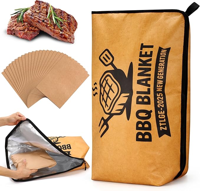 BBQ Blanket for Resting Meat - 21" Reusable Leakproof 5-Layer Insulated Smoker Bag with 20 Butcher Papers, Smoker Accessories & Gifts for Dad (Turkey, Pork, Beef)