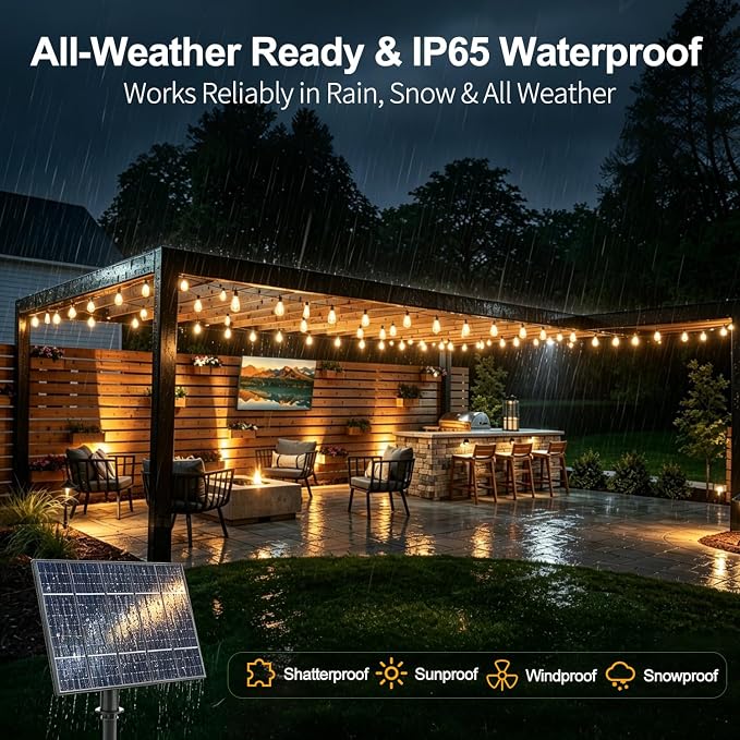 25FT Solar String Lights, Remote & USB Port, Outdoor Waterproof | 1.5FT Spacing, 16+1 Shatterproof Edison Bulbs, IP65, 2700K Warm White, Timer & Dimmable, String Lights for Outside, Yard