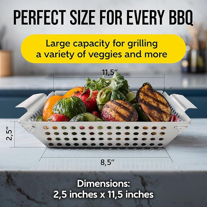 Kaluns Heavy Duty Stainless Steel Vegetable Grill Basket, Rectangular, Silver, Dishwasher Safe Grills and Vegetables