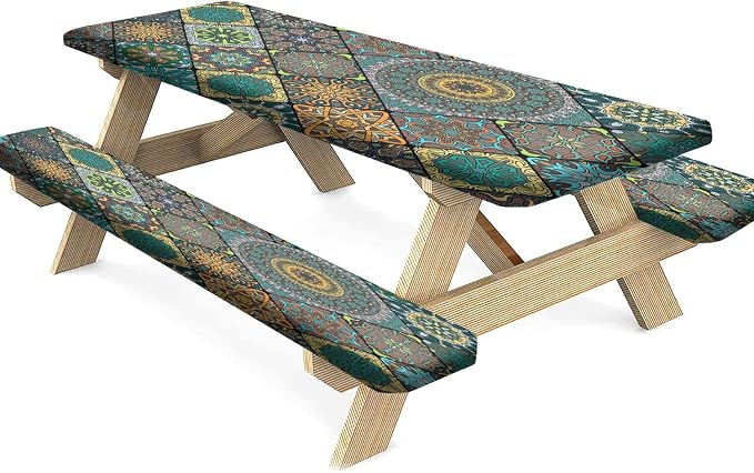 Boho Picnic Fitted Tablecloth with Benches Covers, Boho Flowers Print Elastic Edge Table Cover, 28x72 Inch, 3 Piece Set, Polyester Rectangular Table Cloths for Summer Spring Picnics Dinner Use