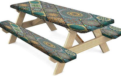 Boho Picnic Fitted Tablecloth with Benches Covers, Boho Flowers Print Elastic Edge Table Cover, 28x72 Inch, 3 Piece Set, Polyester Rectangular Table Cloths for Summer Spring Picnics Dinner Use
