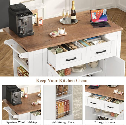 Kitchen Storage Island with 2 Stools, 51.2” Mobile Kitchen Cart with Drop Leaf & Power Outlet, Rolling Island Table Dining Room Buffet with 2 Drawers & Side Storage Rack &Towel Rack, White