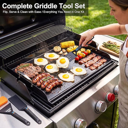 Cast Iron Griddle for Gas Grill with 5-Piece Silicone Griddle Tool Kit 25" x 16" Nano-Ceramic Nonstick Grill Griddle for Gas Charcoal Grills Flat Top Grill Accessories with Stainless Steel Core Tools