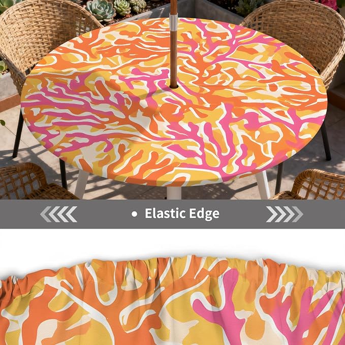 Outdoor Tablecloth with Umbrella Hole and Zipper Fits 61-65" Tables | Waterproof Round Fitted Tablecloth with Elastic Edge, Wipeable Outdoor Table Cover for Patio, Garden, Picnic