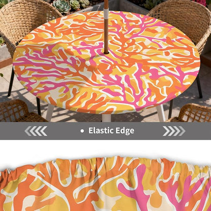 Outdoor Tablecloth with Umbrella Hole and Zipper Fits 32-36" Tables | Waterproof Round Fitted Tablecloth with Elastic Edge, Wipeable Outdoor Table Cover for Patio, Garden, Picnic