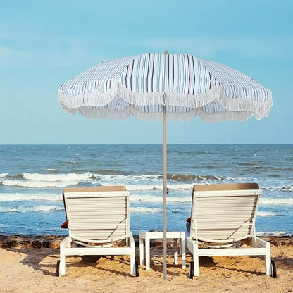 Tempera 7ft Boho Beach & Patio Umbrella with Fringe, Market Umbrellas with UPF 50+ UV & Water-Resistant Canopy, 1.5" Wood Pole & Button Tilt.