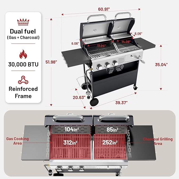 Propane Gas Grill and Charcoal Grill Combo for Outdoor Cooking, 3 Burners, Porcelain-Enameled Cast Iron Grates, Foldable Side Shelves, Dual Fuel BBQ Grill for Patio, Backyard, Camping