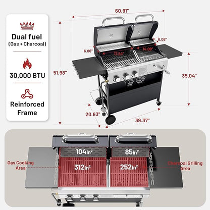 Propane Gas Grill and Charcoal Grill Combo for Outdoor Cooking, 3 Burners, Porcelain-Enameled Cast Iron Grates, Foldable Side Shelves, Dual Fuel BBQ Grill for Patio, Backyard, Camping