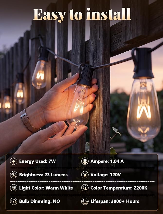 GOOTHY 20Ft Outdoor String Lights with 22 Edison Bulbs(2 Spare), 7W E17 Intremediate Base ST40 Vintage Outdoor Patio Lights Waterproof UL Listed for Bistro Garden Backyard Party Wedding Decor-Black