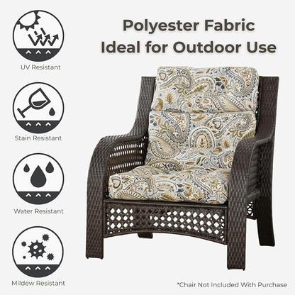 Outdoor Tufted High-Back Chair Cushions, One-Piece Hinged Seat and Back Design, Reversible with 4 Ties, Durable Polyester Fabric, Recycled Fiber Fill - Single, Arctic Paisley