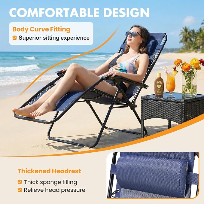 Zero Gravity Chair Set of 2, Adjustable Folding Reclining Lounge Chairs with Mesh Back, Adjustable Pillows & Cup Holder Trays, Outdoor Patio Lawn Chairs for Pool, Beach & Camping, Blue