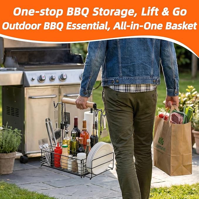 Grill Caddy with Paper Towel Holder, BBQ Caddy for Outdoor Grill, Camping Essentials Picnic Condiment Utensil Organizer, RV Camper Must-Have, Grilling Gifts for Men