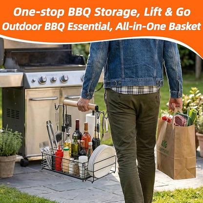 Grill Caddy with Paper Towel Holder, BBQ Caddy for Outdoor Grill, Camping Essentials Picnic Condiment Utensil Organizer, RV Camper Must-Have, Grilling Gifts for Men