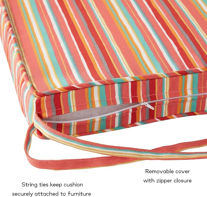 Outdoor 18 inch Square Patio Dining Chair Pads – Comfortable Fiber-Filled Seat Cushions with Ties, Reversible Polyester Fabric - Watermelon Stripe, Set of 2