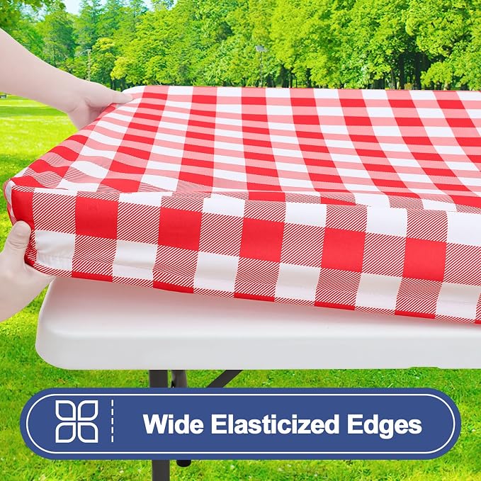 Smiry Picnic Table Cover with Bench Covers, Waterproof Elastic Fitted Tablecloths for 8 Foot Rectangle Tables, Washable Buffalo Plaid Tablecloth for Camping, Outdoor & BBQ (Red & White, 30"x96")