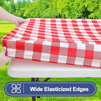 Smiry Picnic Table Cover with Bench Covers, Waterproof Elastic Fitted Tablecloths for 8 Foot Rectangle Tables, Washable Buffalo Plaid Tablecloth for Camping, Outdoor & BBQ (Red & White, 30"x96")
