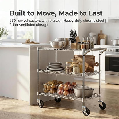 Finnhomy 3 Tier Heavy Duty Commercial Grade Utility Cart, Wire Rolling Cart with Handle Bar, Steel Service Cart with Wheels, Utility Shelf Plant Display Shelf Food Storage Trolley, NSF Listed