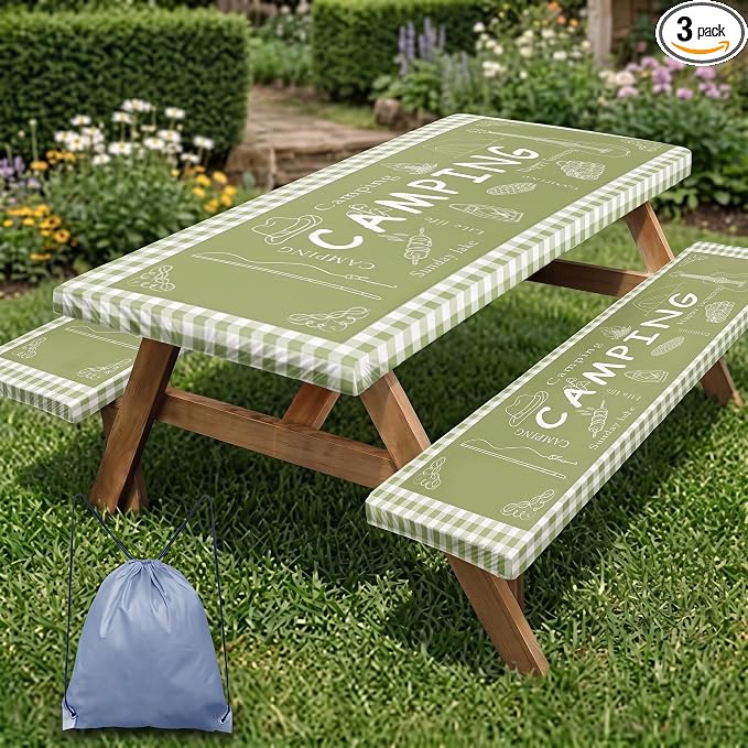 Picnic Table Cover with Bench Covers Elastic Edges, Green Camper Fitted Table Cover, Outdoor Patio Camping Essentials 72 Inch 3PCS, Waterproof Camping Fitted Tablecloth with Drawstring Bag