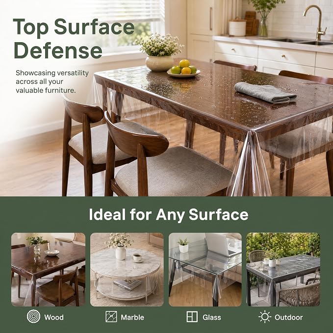 sancua Clear Plastic 100% Waterproof Table Cover Protector 60x102 Inch | Vinyl PVC Rectangle Table Cloth, Oil Spill Proof Wipe Clean Tablecloth, For Dining Tables, Parties & Camping, Crystal Clear