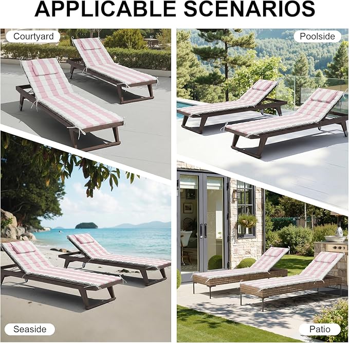 Crestlive Products Chaise Lounge Cushion Outdoor Set of 2, Waterproof Foldable Pool Lounge Chair Cushions with Straps 71''Lx21''W, Lounger Cushions for Outdoor Furniture, Patio, Pink Stripe