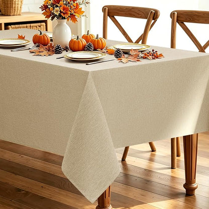Decorelia Faux Linen Farmhouse Table Cloth 60"x120" for Rectangle Table, Beige Waterproof Outdoor Washable Cloth Tablecloth for Rectangular Dining Room Kitchen Outdoor Party Restaurant Decor