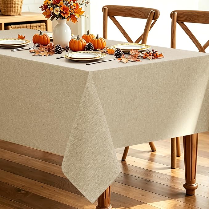 Decorelia Faux Linen Farmhouse Table Cloth 60"x84" for 4-6 ft Rectangle Table, Beige Waterproof Outdoor Washable Cloth Tablecloth for Rectangular Dining Room Kitchen Outdoor Party Restaurant Decor