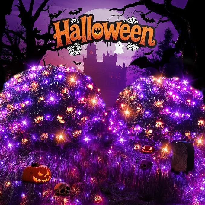 LitHome 21FT x 5FT Halloween Net Lights Outdoor Connectable, 360 LED | Purple Orange Bush Lights with 8 Modes, Waterproof Net Mesh Light Dark Green Wire for Bushes Shrubs Trees Holiday Decor