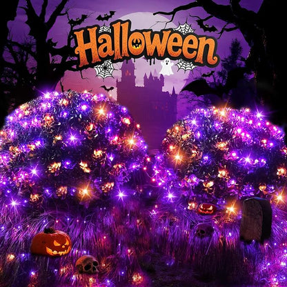LitHome 21FT x 5FT Halloween Net Lights Outdoor Connectable, 360 LED | Purple Orange Bush Lights with 8 Modes, Waterproof Net Mesh Light Dark Green Wire for Bushes Shrubs Trees Holiday Decor