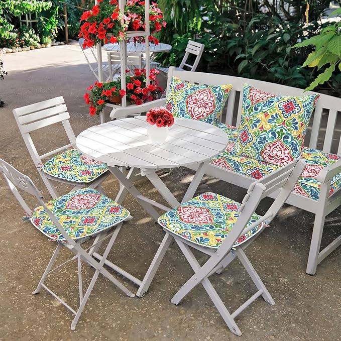 DYTXIII Set of 4 Outdoor Chair Cushions with Ties,Water Repellent Patio Chair Pads 17"x 16" for Outdoor Furniture,Round Corner Seat Cushions for Garden Yard Kitchen Damask Red