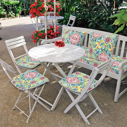 DYTXIII Set of 4 Outdoor Chair Cushions with Ties,Water Repellent Patio Chair Pads 17"x 16" for Outdoor Furniture,Round Corner Seat Cushions for Garden Yard Kitchen Damask Red