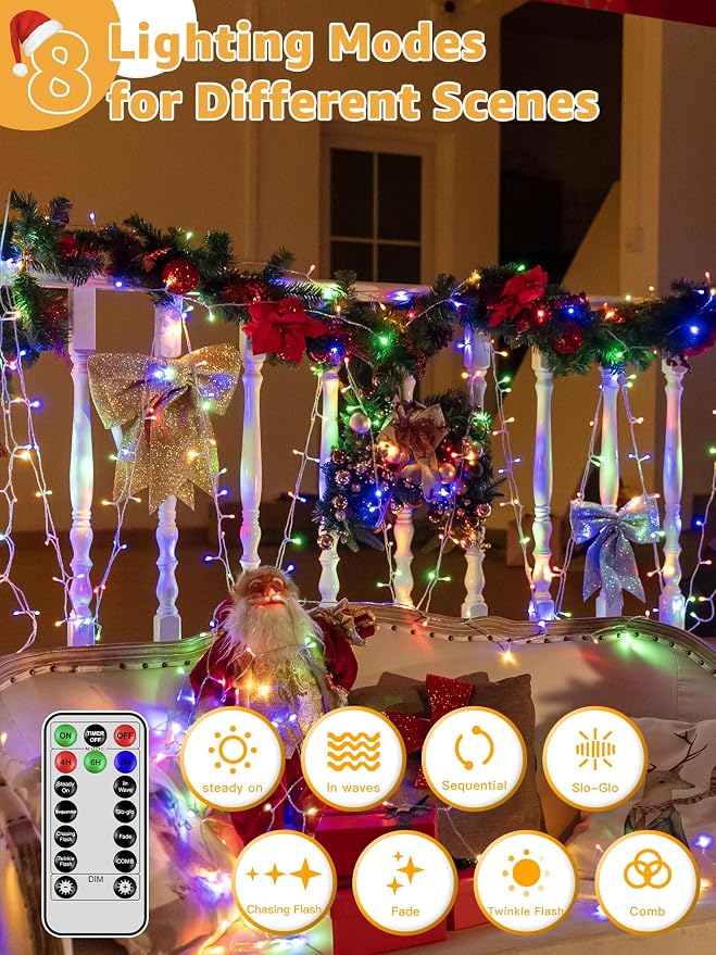 Guhope Christmas String Lights Indoor 1200LED 196FT, Waterproof Outdoor String Lights with Remote and Timer, 8 Modes Dimmable Christmas Lights for Indoor Outdoor Party Holiday Decorations (Multicolor)