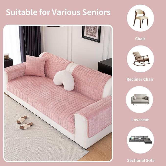 Velvet Couch Cover, Washable Sectional Sofa Cover, Anti Slip Sofa Slipcover for 3 Cushion Couch Sofa L Shaped Armrest Backrest, Furniture Protector Covers for Pets Kids(1PC,Pink,36"×63")
