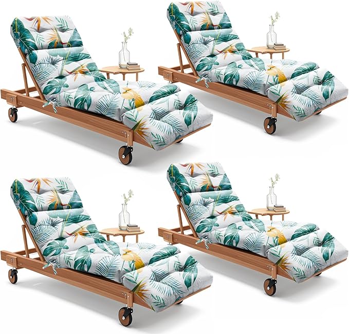 4 Pack Outdoor Chaise Lounge Chair Cushion 75.1 x 22.8 x 4.7 Inches 100% Waterproof Replacement Cotton Patio Pool Lounge Chair Cushion for Outdoor Furniture with Ties,Yellow-Green Leaf