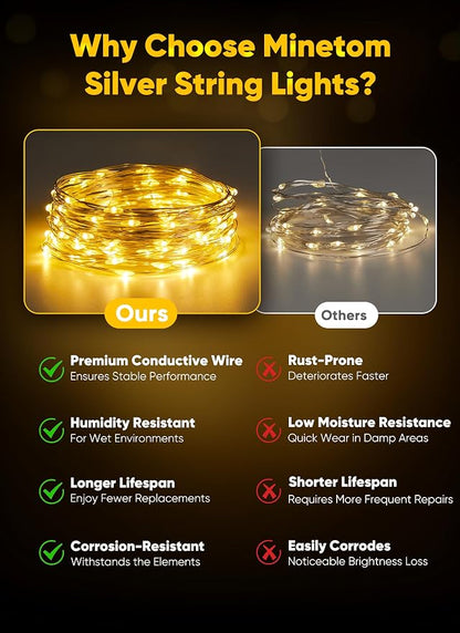 Minetom Fairy Lights Battery Operated, 33FT 100LED Waterproof String Lights | Long Lasting Silver Wire Starry Fairy Lights for Bedroom, Dorm, Christmas, Tree, Party, Wedding, Mason Jar, Holiday Decor