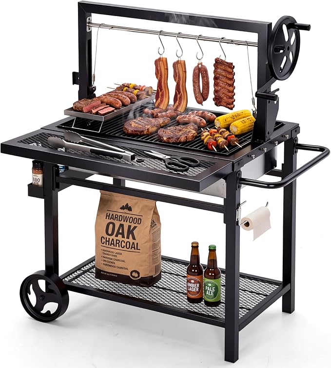 Sophia & William Argentine Santa Maria Wood Fire & Charcoal BBQ Grill with Adjustable Height Grates, Large Open Fire Grill for Outdoor Patio Backyard Gaucho Grilling