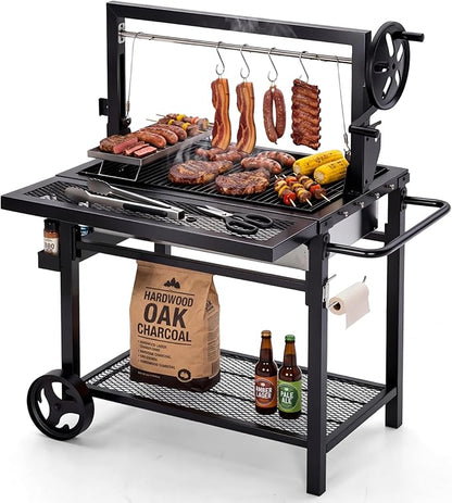 Sophia & William Argentine Santa Maria Wood Fire & Charcoal BBQ Grill with Adjustable Height Grates, Large Open Fire Grill for Outdoor Patio Backyard Gaucho Grilling