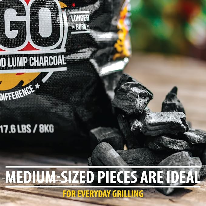 FOGO Premium Hardwood Lump Charcoal, Natural Medium Sized Lump Charcoal 17.6 Pound Bag, and Barrel Proof Bourbon Barrel Blocks, 2 Pound Resealable Bag, Bundle