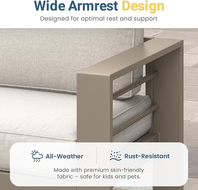 Wisteria Lane Metal Patio Furniture Set for All Weather, Oversized Heavy Duty Outdoor Furniture Set with Upgraded Cushion, Modern Outdoor Patio Loveseat Set for Garden, Balcony, Backyard, Kahki Gray