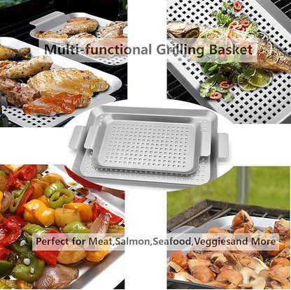 Grill Topper Non-Stick Stainless Steel BBQ Tray with Holes Outdoor Grilling Pans for Meat Vegetables Set of 2 (16.5" x10" and 13"x7.4")