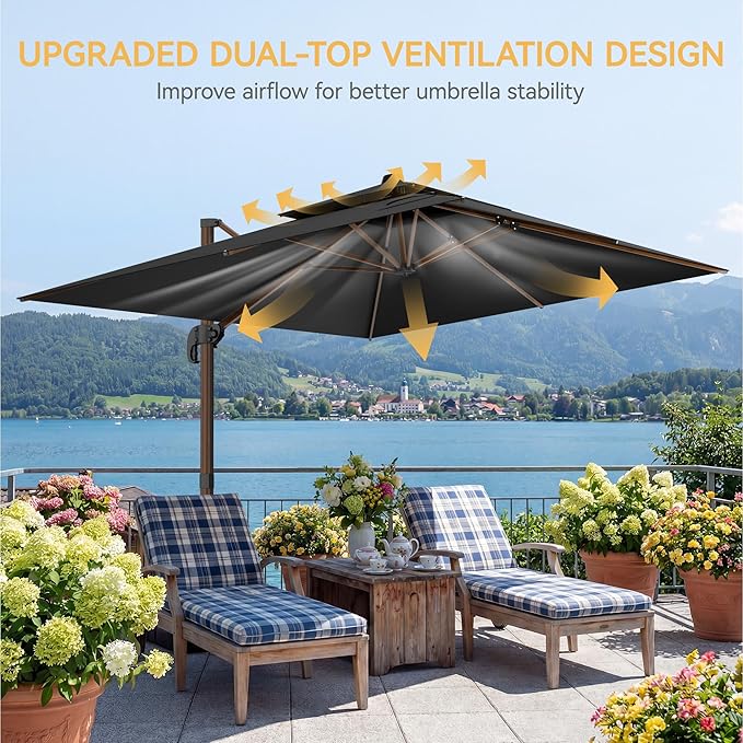 10x13 FT Wood Pattern Patio Umbrella with Base, Large Deluxe Cantilever Rectangular Double Top Heavy Duty Offset Umbrellas with 360° Rotation, Outdoor shade for Garden Pool Patio, Black