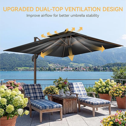 10x13 FT Wood Pattern Patio Umbrella with Base, Large Deluxe Cantilever Rectangular Double Top Heavy Duty Offset Umbrellas with 360° Rotation, Outdoor shade for Garden Pool Patio, Black