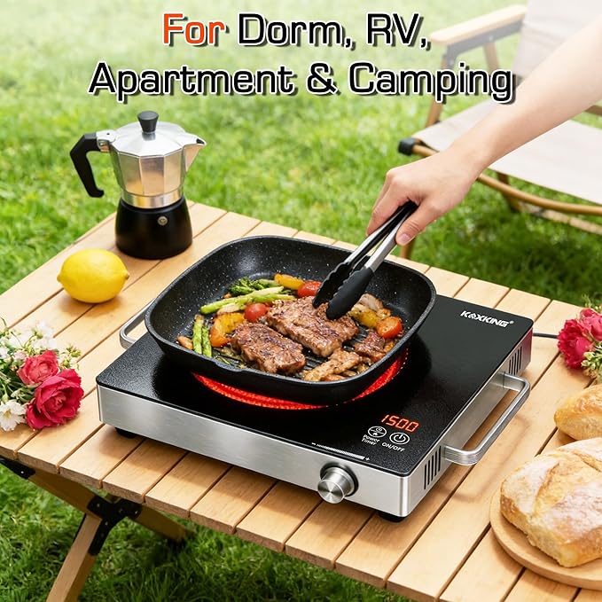 1500W Portable Infrared Hot Plate, Single Burner Electric Cooktop with Knob Control & 3-Hour Timer, Countertop Ceramic Burner with Handle, Works with All Cookware
