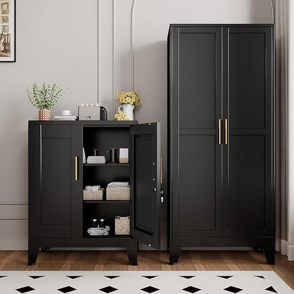 GAIOUS Black Metal Pantry Cabinet with Lock(Two Units), Sideboard Buffet Storage Cabient with Doors and 2 Adjustable Shelves, Multifunctional Kitchen Cupboard for Home Office, Buffet Table