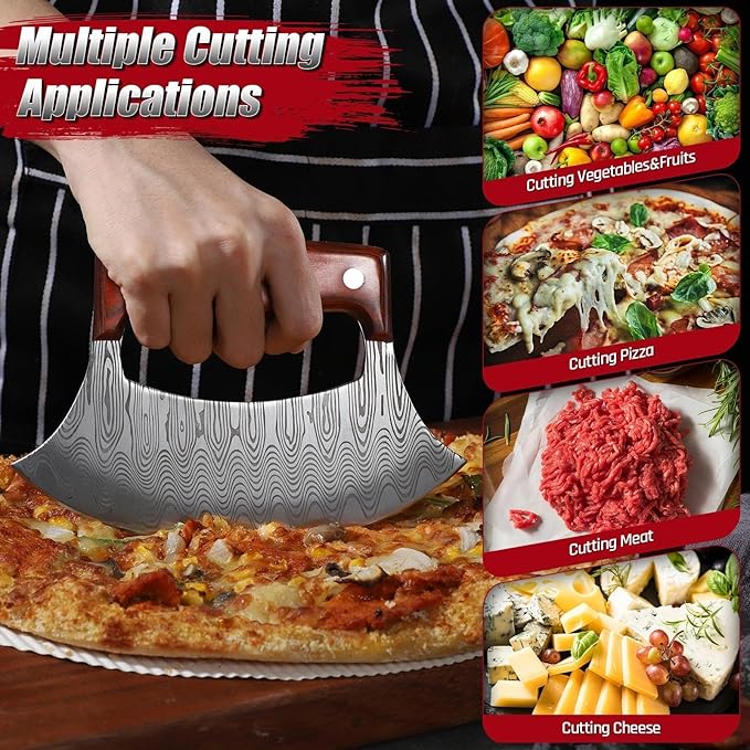 ROCOCO Pizza Cutter Ulu Knife – Full Tang Mezzaluna Rocker Knife with Wood Block for Kitchen Gifts for Men Women