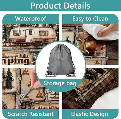 Picnic Table Cover with Bench Covers Elastic Edges, Cabin Camper Rustic Fitted Table Cover, Outdoor Patio Camping Essentials 3PCS, Waterproof Camping Tablecloth with Drawstring Bag 72 in