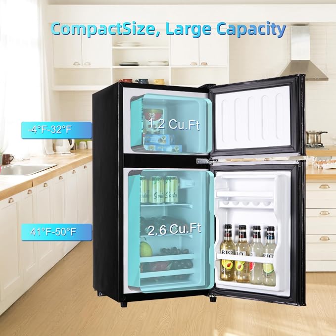 3.8 Cu. Ft Compact Fridge with Freezer, 2 Door Mini Refrigerator | Mini Fridge with Freezer 7 Adjustable Thermostat, Removable Shelves, Compact Fridge for Home, Apartment, Office, Black
