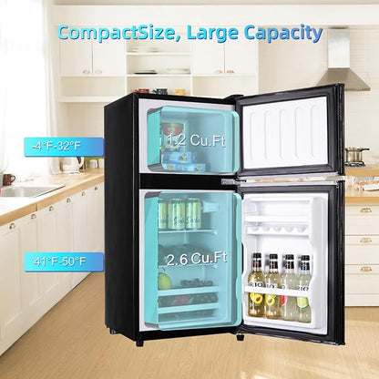 3.8 Cu. Ft Compact Fridge with Freezer, 2 Door Mini Refrigerator | Mini Fridge with Freezer 7 Adjustable Thermostat, Removable Shelves, Compact Fridge for Home, Apartment, Office, Black