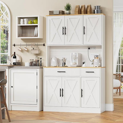 Shintenchi Pantry Cabinet with Charging Station, 70” Tall Kitchen Storage Cabinet with Microwave Stand, Storage Drawers & Adjustable Shelves, Large Capacity Kitchen Hutch for Dining Room, White