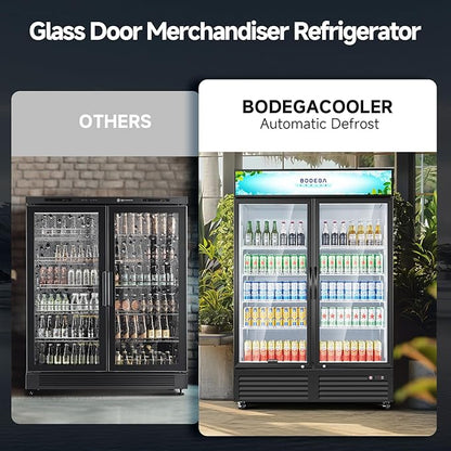 BODEGACOOLER Commercial Merchandiser Refrigerator, 40 Cu.Ft Double Glass Door Beverage Cooler, Upright Display Refrigerator with Soft LED Light, Adjustable Shelves, 4 Heavy-Duty Casters, Black