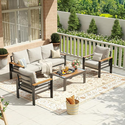 Aoxun Aluminum Patio Furniture Set 5 Seats, Oversized Outdoor Sectional with Washable Thick Cushions, Coffee Table, Patio Conversation Sets for Porch, Balcony, Deck